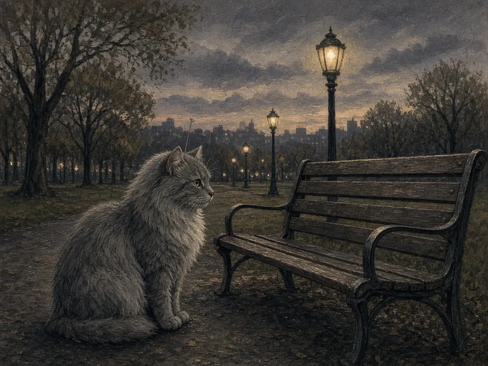 Illustration of a grey cat with a thin wire antenna in its fur, sitting by a park bench at dusk. This is an illustration, not a photograph.