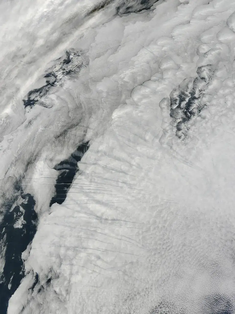 Contrails over the North Atlantic, seen from orbit by a NASA satellite.