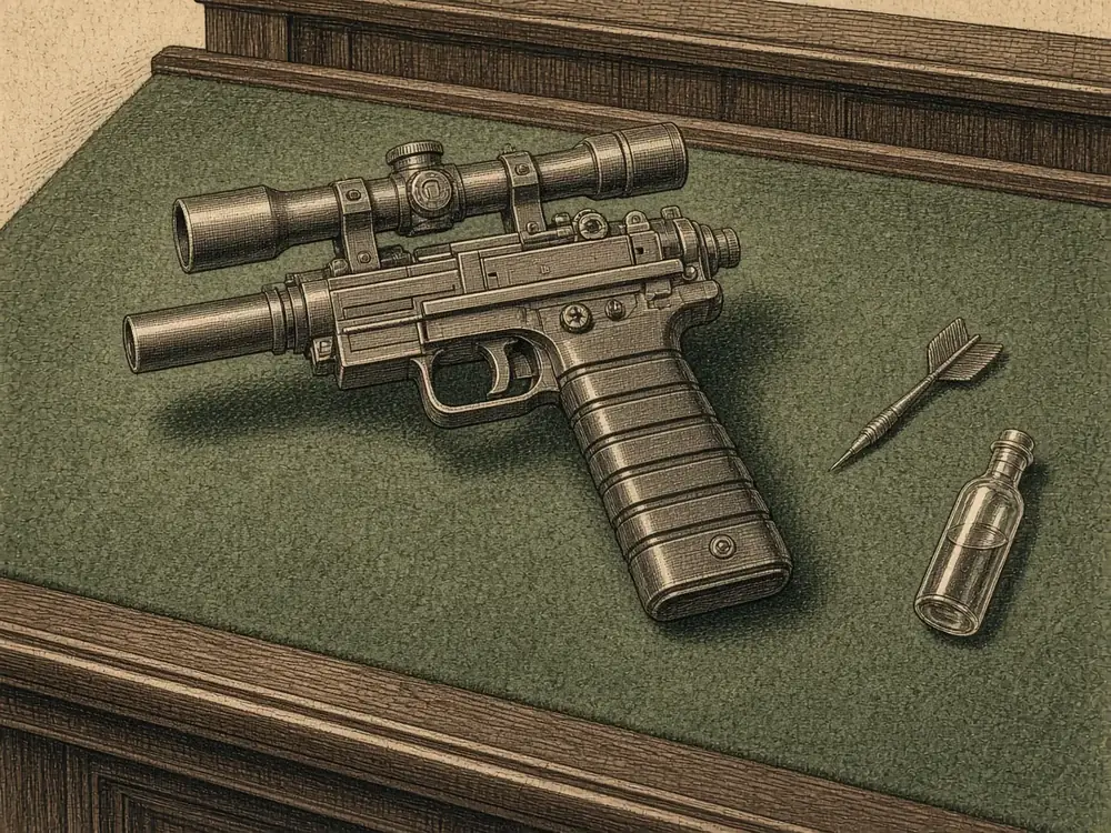 Illustration of a dart-firing pistol of the type described to the Senate in 1975. This is not a depiction of the real weapon.