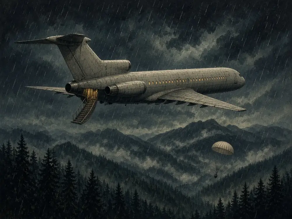Illustration of a jetliner with its rear stairs lowered over forested mountains at night. This is not a depiction of the real aircraft.