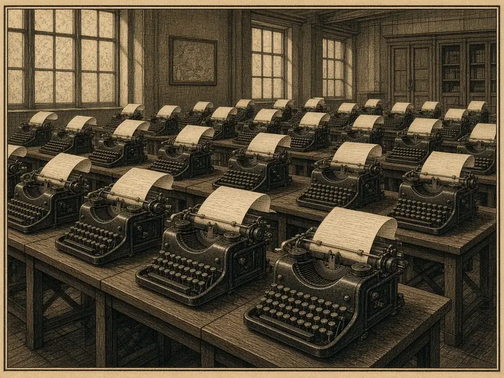 Illustration: rows of typewriters running with no one at them (artist's impression).