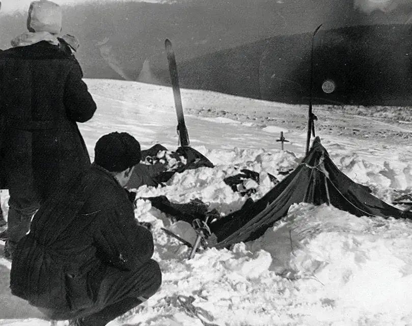 The Dyatlov group's tent as searchers found it in February 1959.
