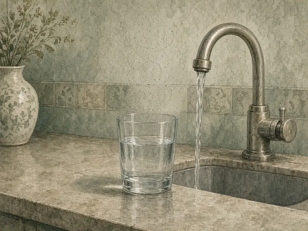 Illustration of a glass of tap water. It is not a depiction of any real product.