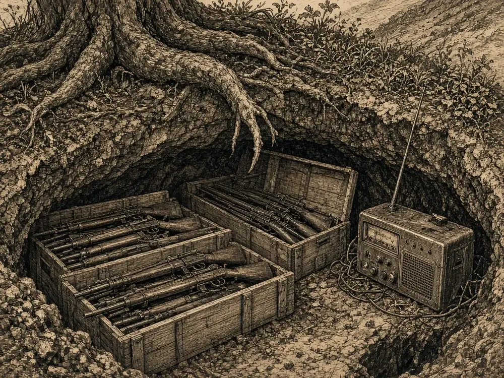 Illustration of a hidden arms cache of the kind stay-behind networks kept. This is not a depiction of a real site.