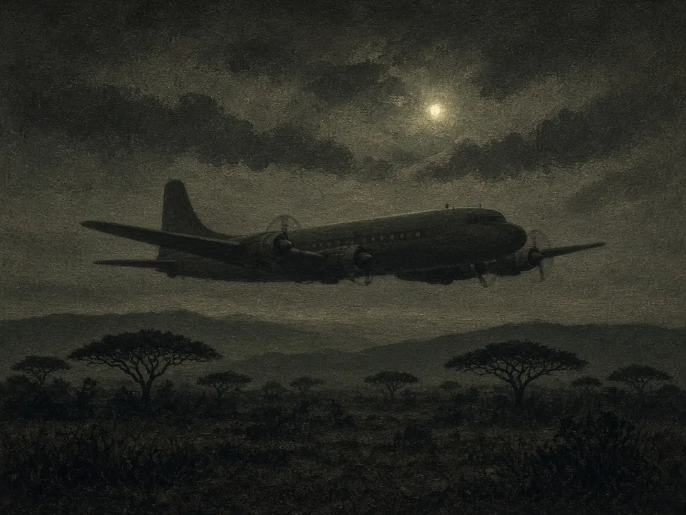 Illustration of a 1960s propeller airliner over African bushland at night, with a faint light in the sky. This is an illustration, not a photograph.