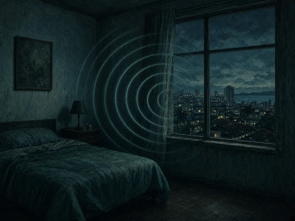 Illustration of an empty bedroom at night with imagined sound waves passing through the air. This is an illustration, not a photograph.