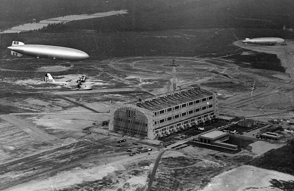 The airship LZ 129 Hindenburg over Lakehurst, New Jersey, on 9 May 1936, a year before the disaster.