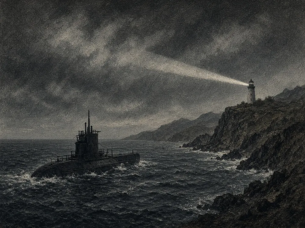 Illustration of a submarine surfacing off a rocky coastline at night, near a lighthouse. This is an illustration, not a photograph.