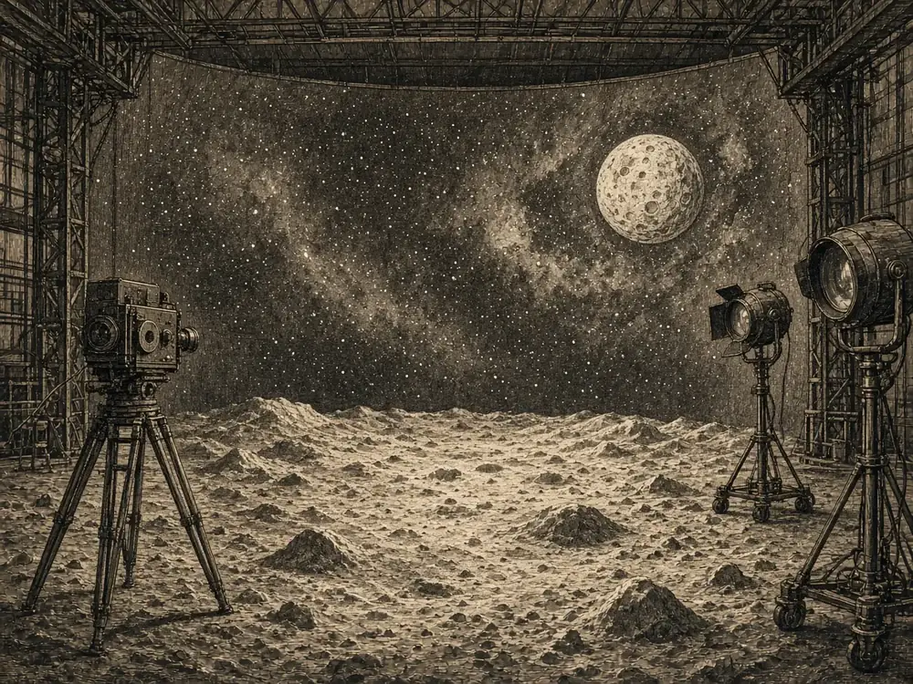 Illustration of an imagined lunar film set. It does not depict a real location or event.