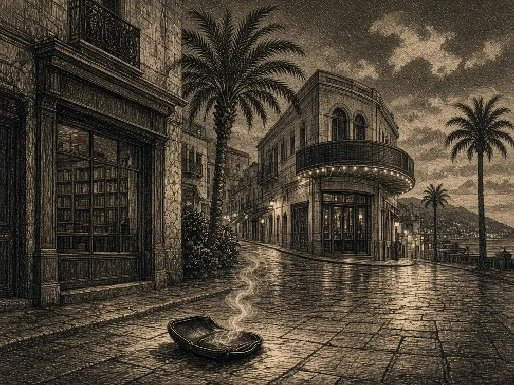 Illustration of a 1950s Mediterranean street at night. This is not a depiction of a real location.