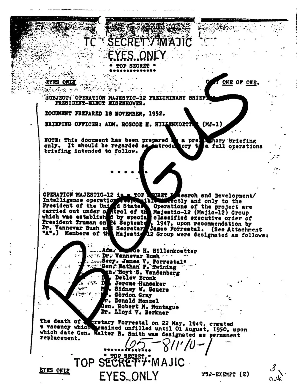 A page of the MJ-12 'briefing' document as released in the FBI's Vault, with 'BOGUS' written across it by hand.