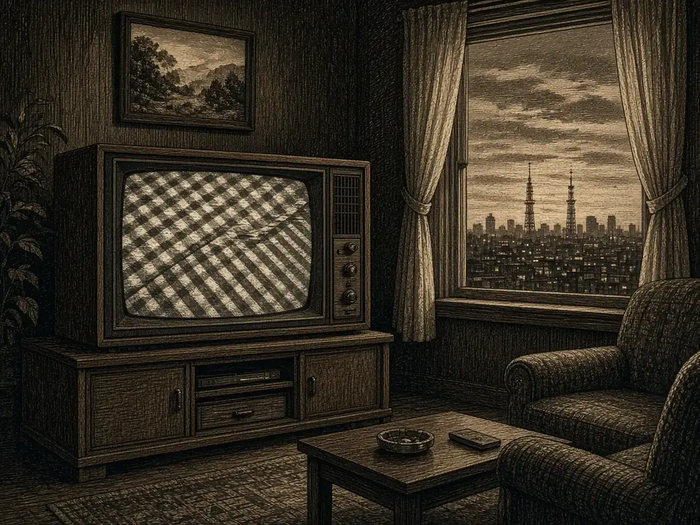 Illustration of a 1980s television showing signal interference. It does not depict the actual broadcast.