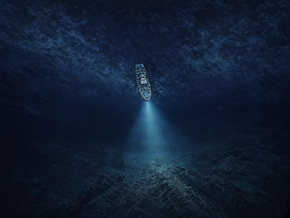 Illustration of a search ship probing the deep ocean floor with sonar. This is an illustration, not a photograph.