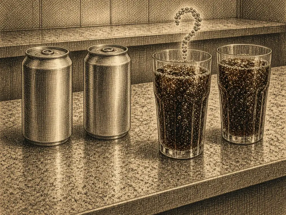 Illustration of two unbranded cola cans. It does not depict any real product.