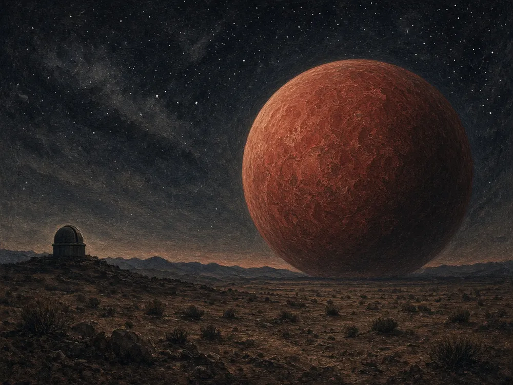 Illustration of an imaginary red planet looming over a desert observatory. No such planet exists. This is an illustration, not a photograph.