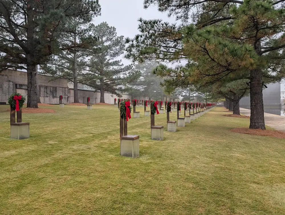 'Empty Chairs and Fog' at the Oklahoma City National Memorial. Each chair honors a person killed in the bombing.
