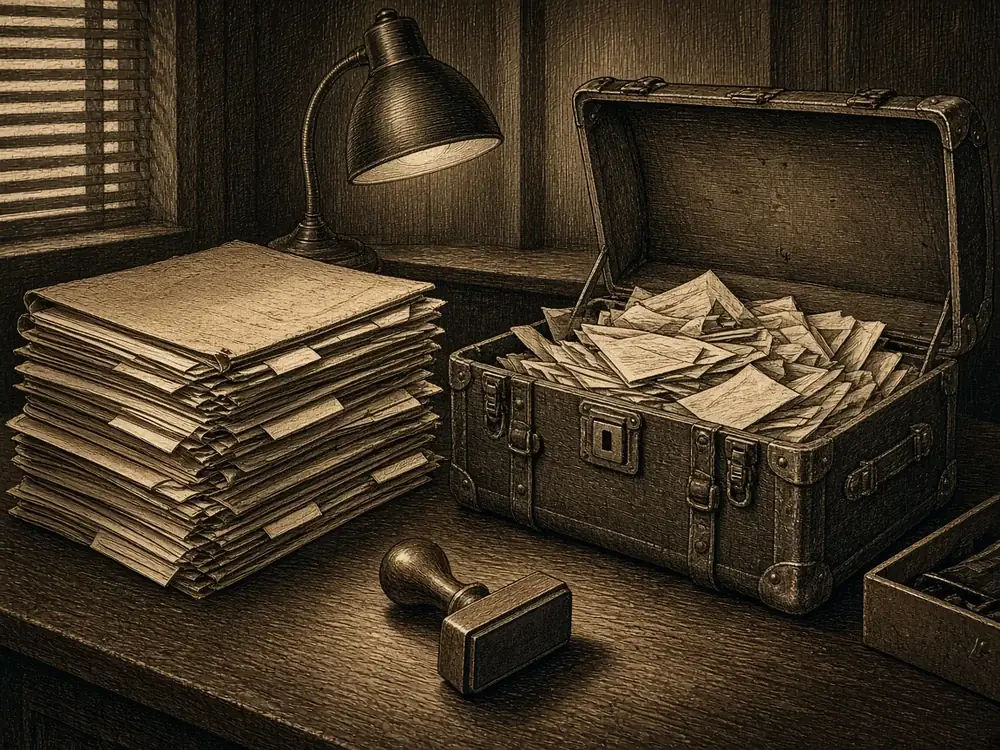 Illustration of late-1940s government files. This is not a depiction of real documents.