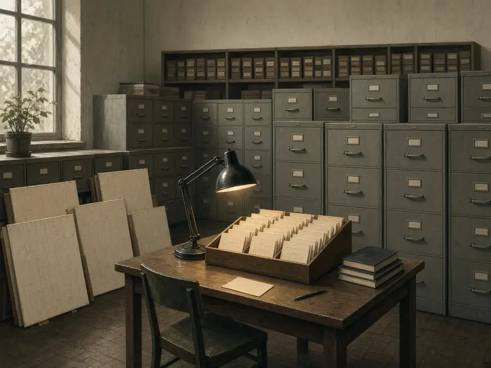 Illustration of a records room with filing cabinets and index cards. This is not a depiction of a real CIA facility.