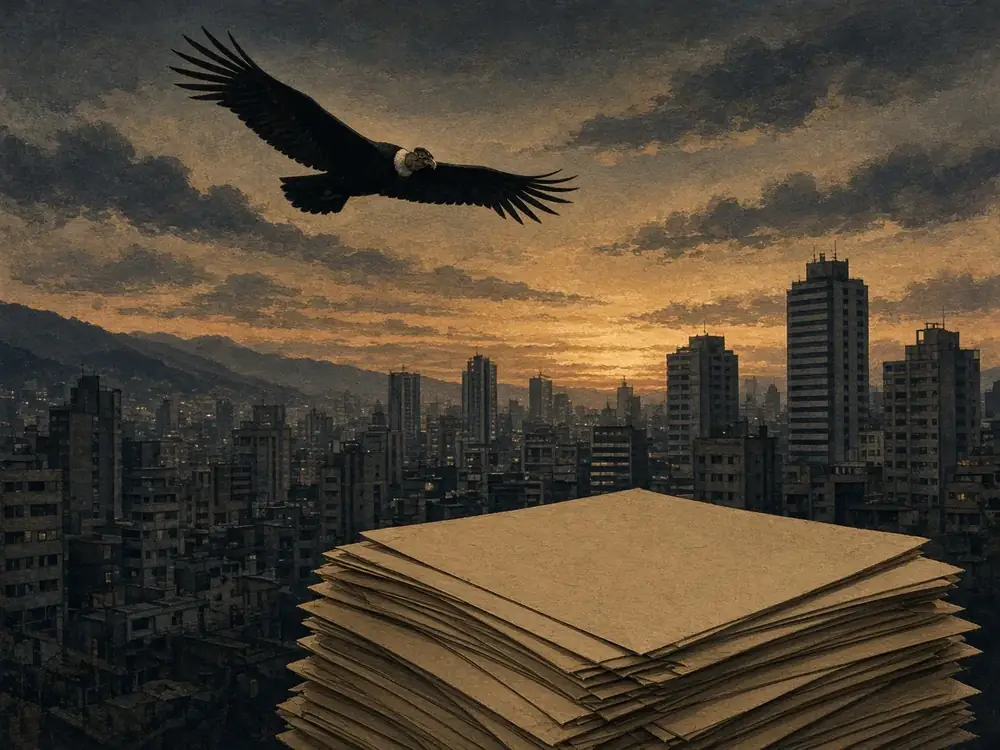 Illustration of a condor over a city at dusk. This is not a depiction of a real place or event.