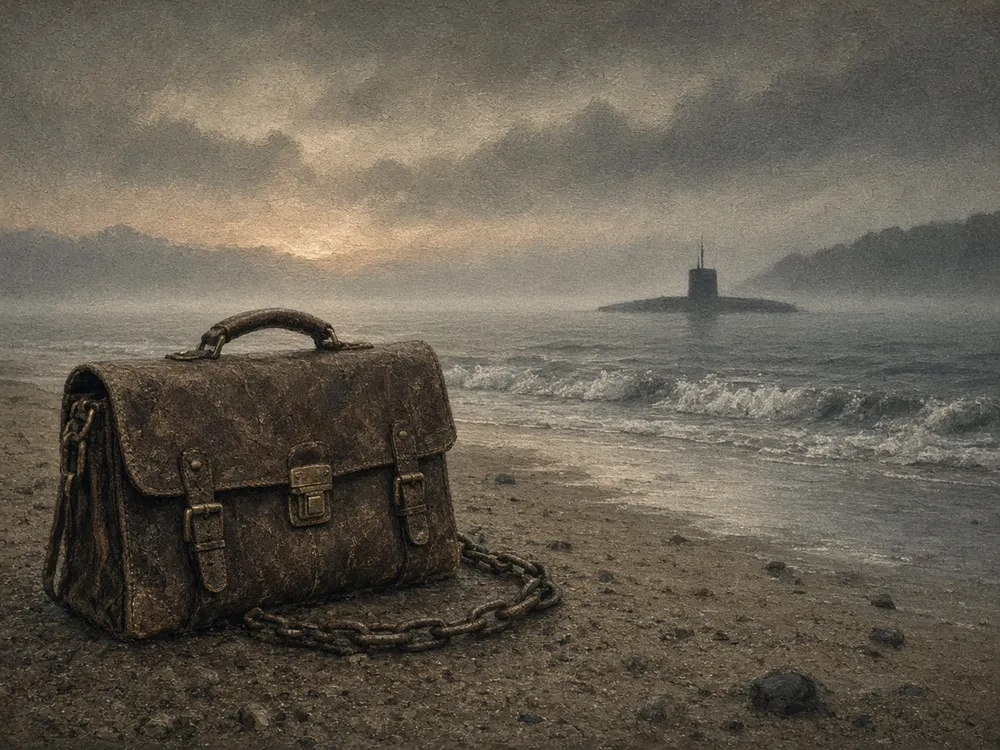 Illustration of a weathered briefcase on a misty beach, with a submarine offshore. This is an illustration, not a photograph.