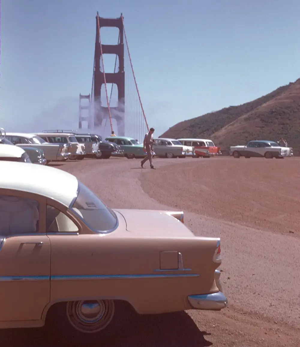The Golden Gate Bridge and San Francisco Bay in the 1950s.