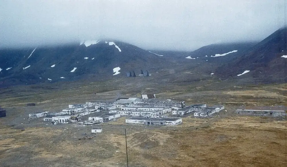 A former White Alice Communications System site, a Cold War-era installation on St. Lawrence Island, Alaska (1999). It is not connected to Operation Washtub and is shown for context.