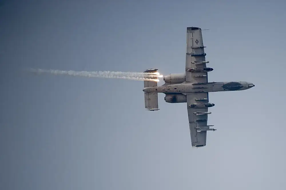 An A-10 Thunderbolt II releases a flare at Osan Air Base, South Korea, in 2016. The Air National Guard said A-10 flares explained the 1997 lights. This photo is not from that night.