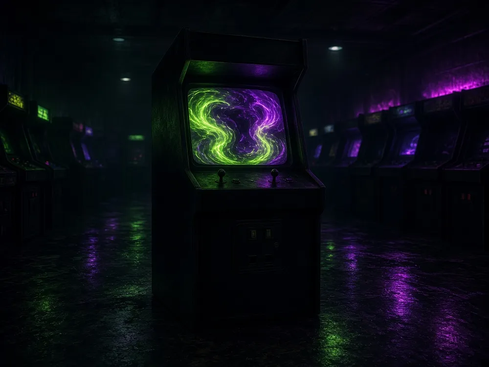 Illustration of an unbranded arcade cabinet glowing in an empty, dark arcade. This is an illustration, not a photograph.