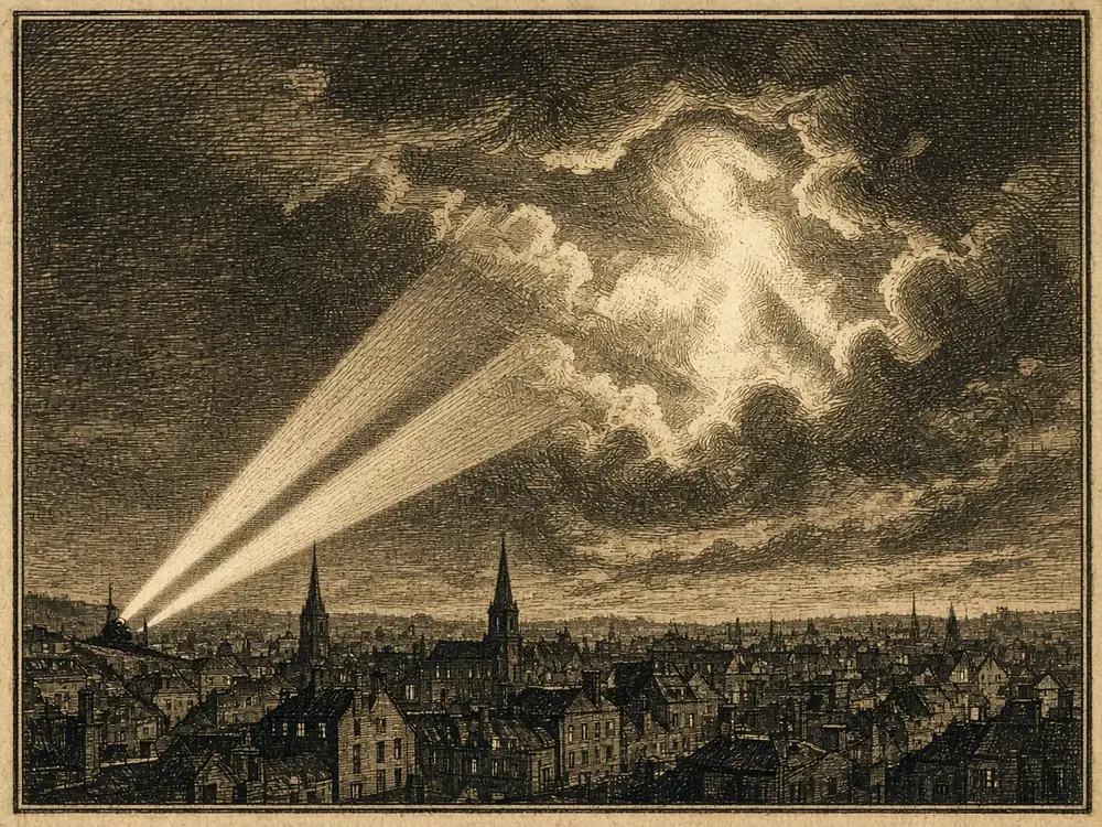Illustration: searchlights projecting a glowing shape onto clouds (artist's impression).