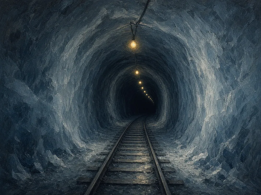 Illustration of a lamp-lit tunnel cut through glacial ice, with rail tracks. This is an illustration, not a photograph.