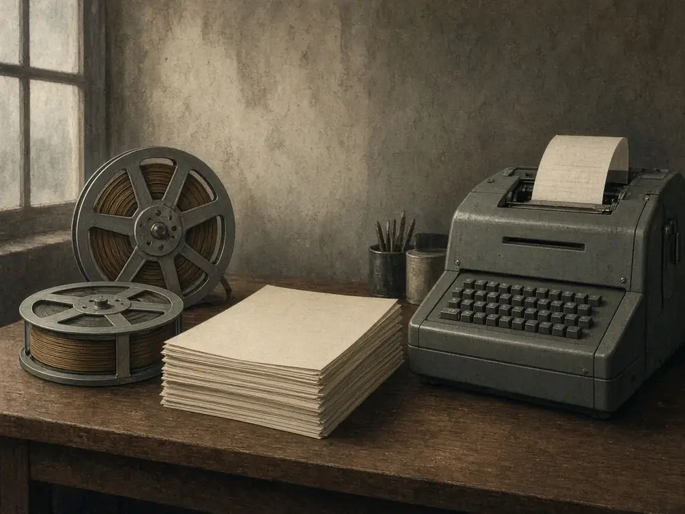 Illustration of tape reels, telegram slips and a teleprinter. This is not a depiction of a real NSA facility.