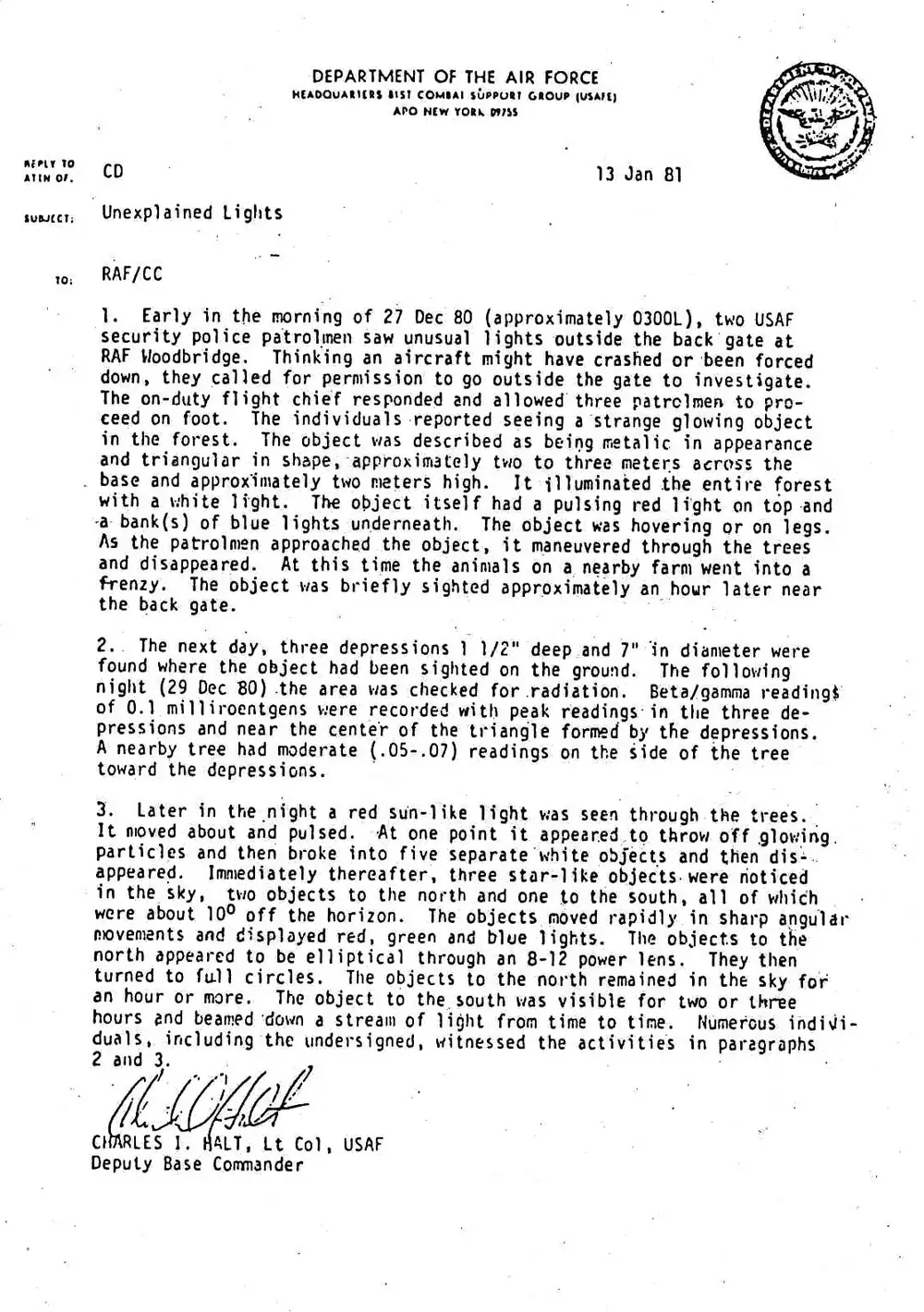 The memo 'Unexplained Lights' by Lt. Col. Charles Halt, dated 13 January 1981.