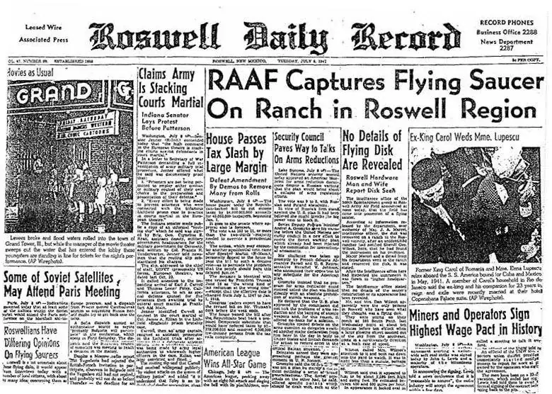 The Roswell Daily Record front page of July 8, 1947.