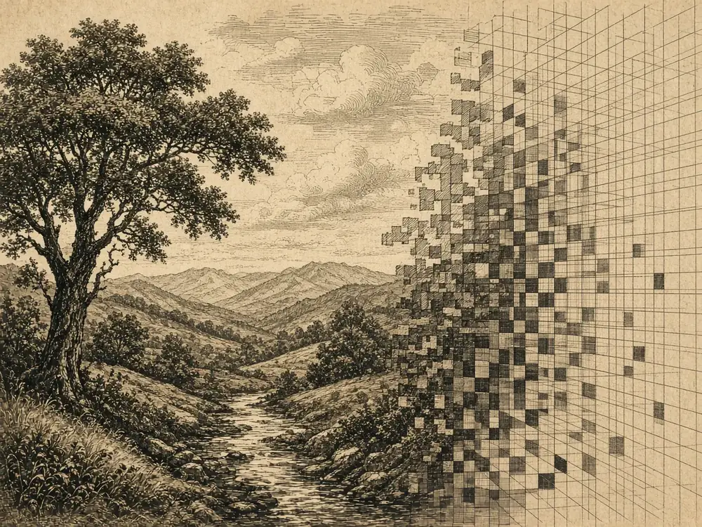 Illustration: a landscape dissolving into a grid (artist's impression).