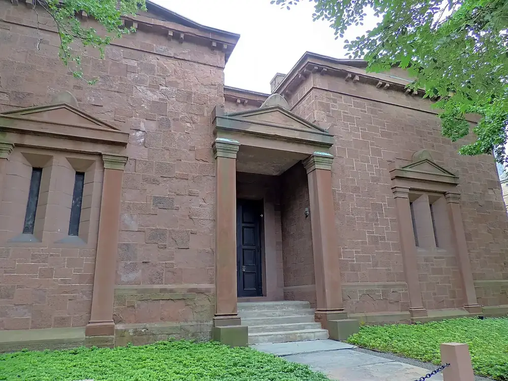 The Skull and Bones 'Tomb' on High Street at Yale University in New Haven, Connecticut.