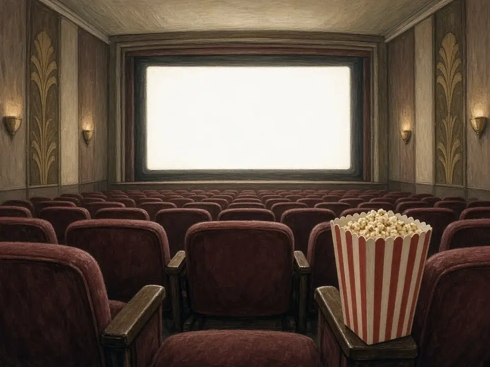 Illustration of a bucket of popcorn in front of a blank cinema screen.