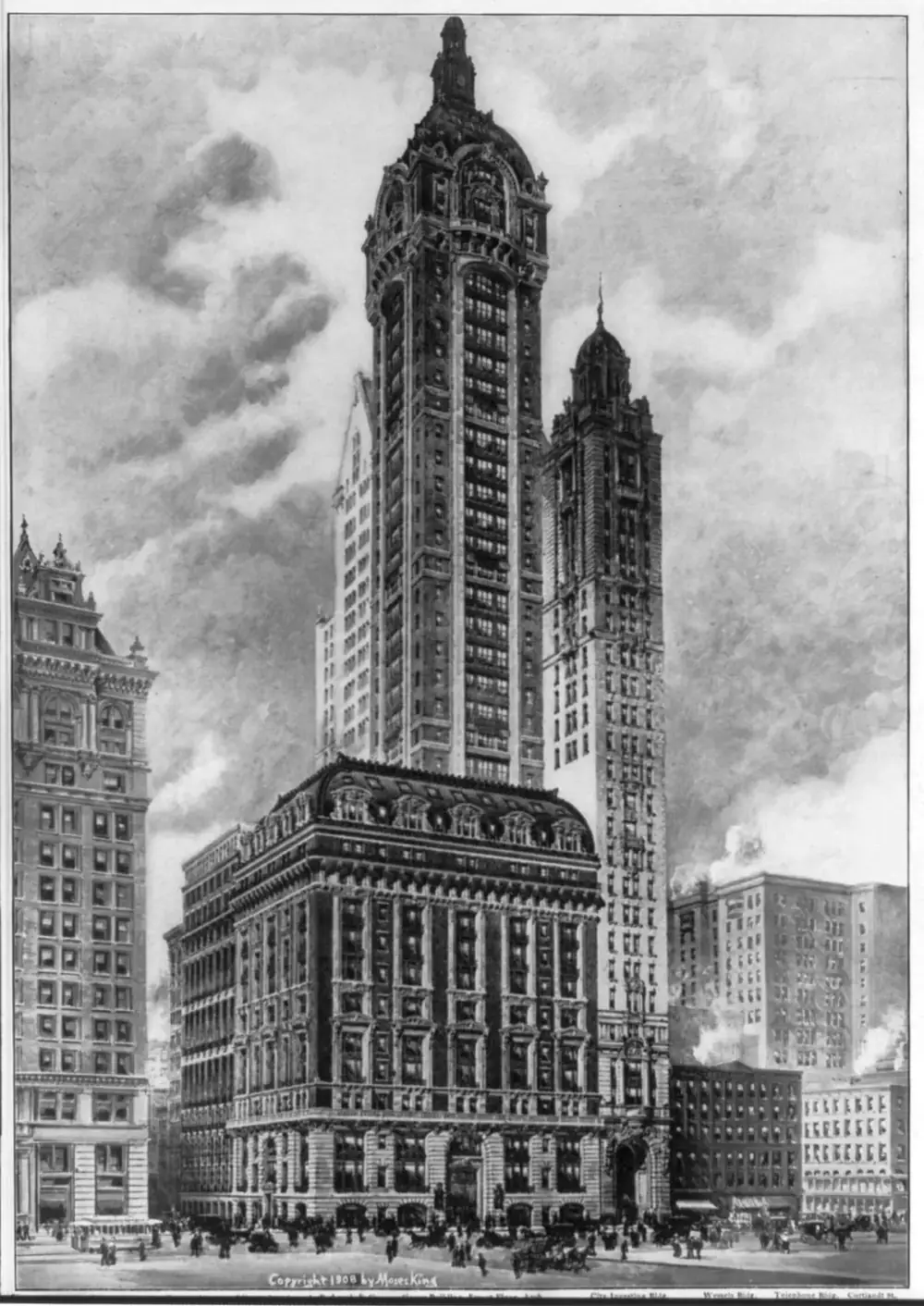 The Singer Building in New York City in 1908, the year it was completed. Tartaria theorists often cite buildings from this era.