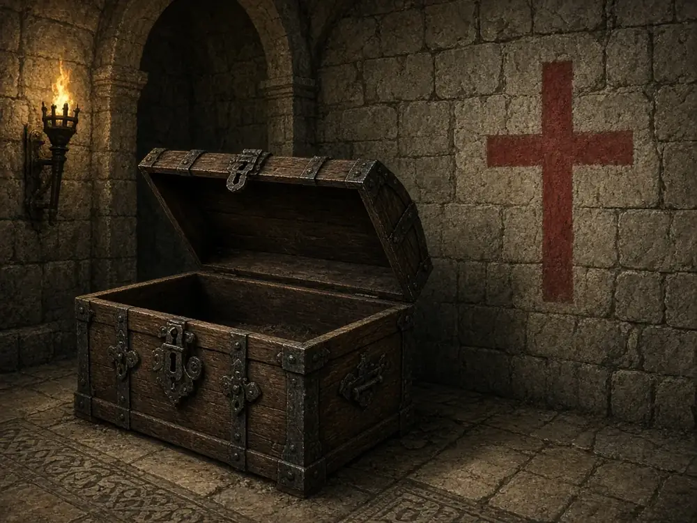 Illustration of an empty chest in a stone crypt. This is not a depiction of a real site or artifact.