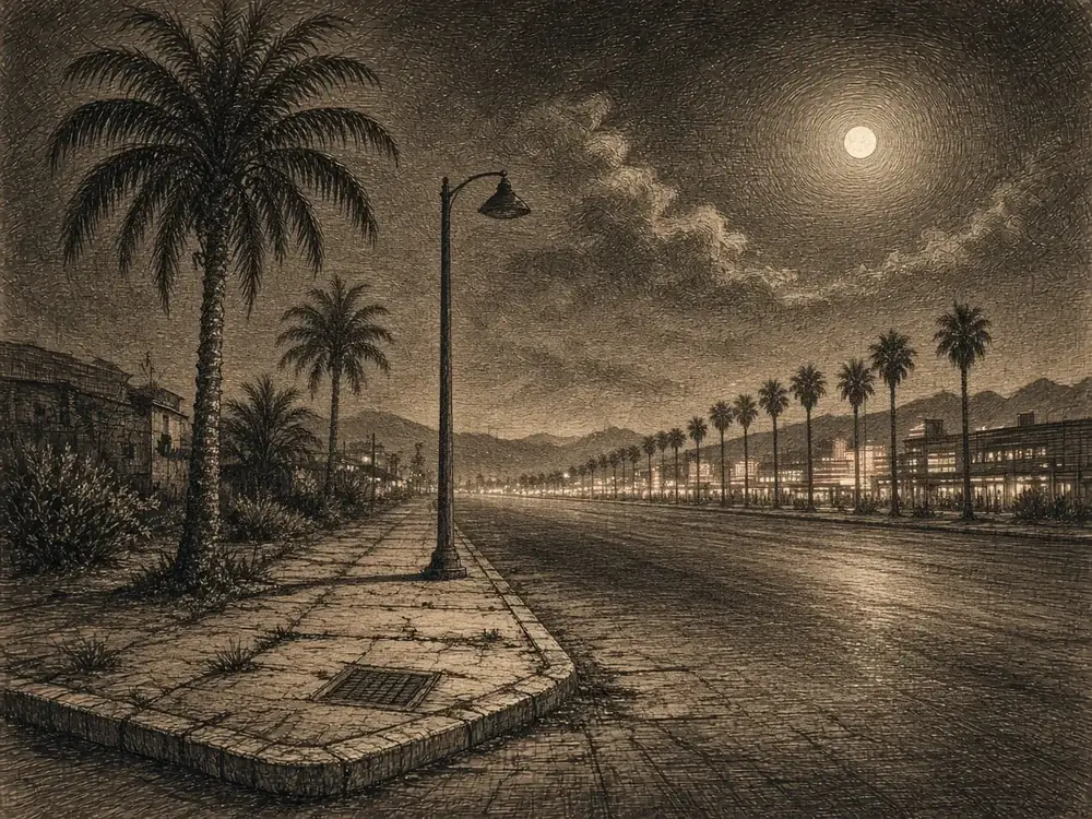 Illustration of an empty desert boulevard at night. It does not depict a real location or event.