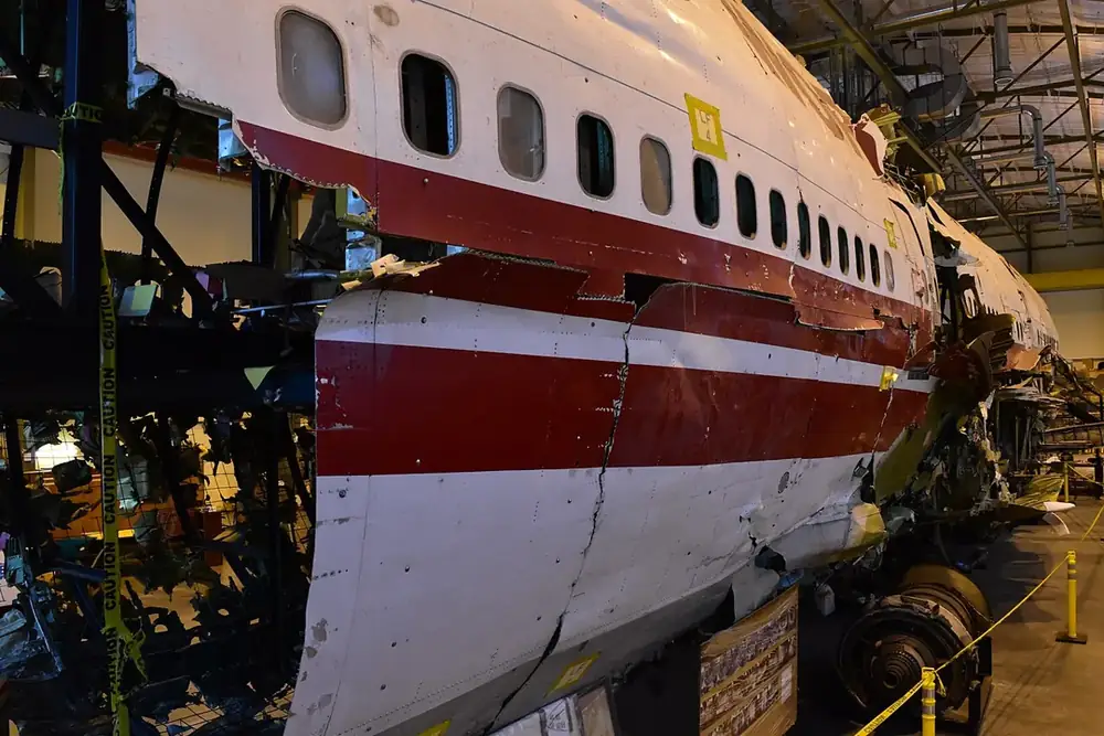 The NTSB's reconstruction of the TWA Flight 800 wreckage, used in the investigation.