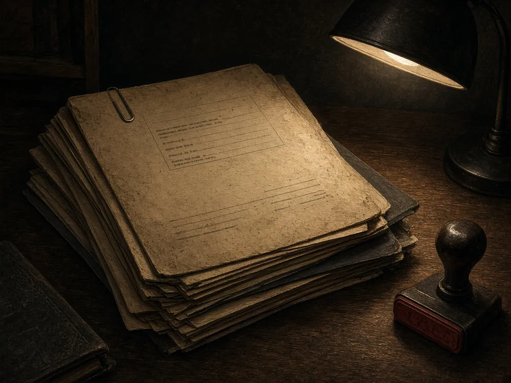 Illustration of a stack of old government files beside a desk lamp and a rubber stamp. This is an illustration, not a photograph.