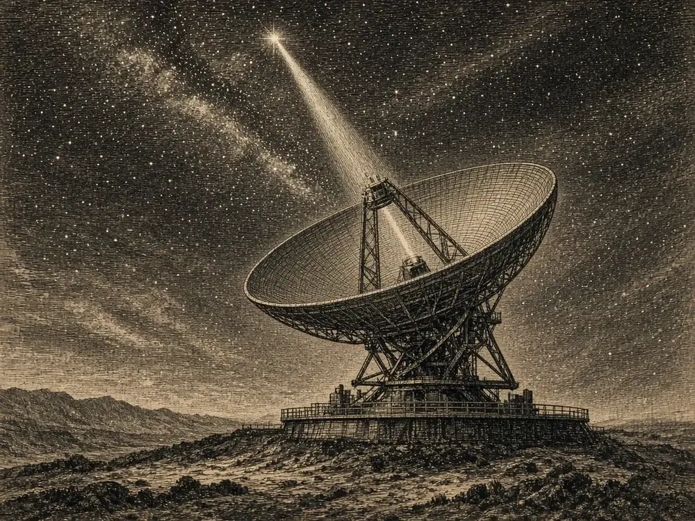 Illustration: a radio telescope under a night sky (artist's impression, not the Big Ear telescope).