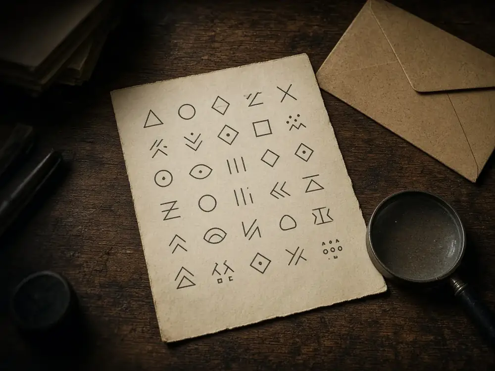 Illustration of a page of invented cipher symbols. These are not the real Zodiac ciphers.